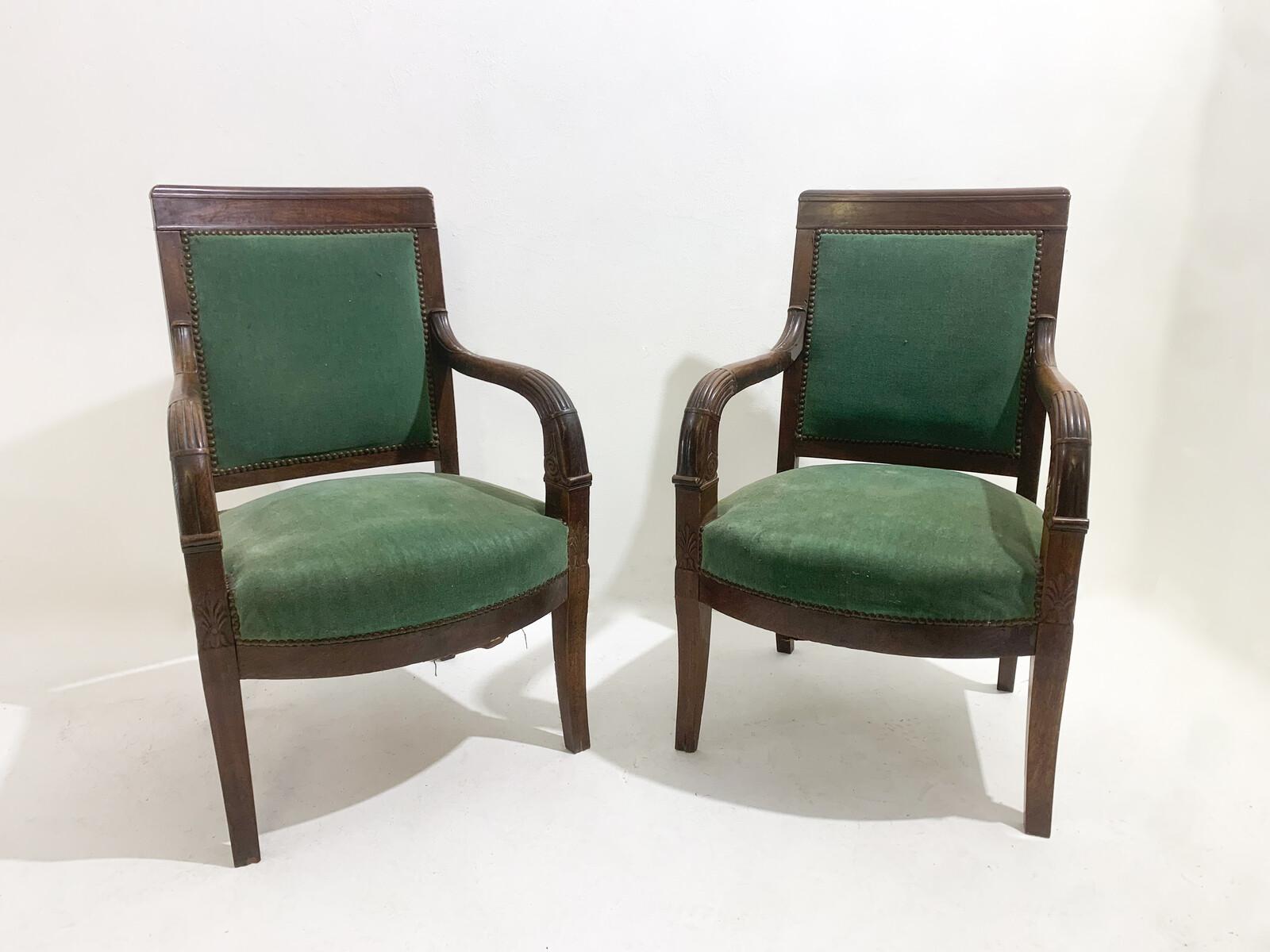 Pair of green armchairs, empire, mahogany, 19th century.