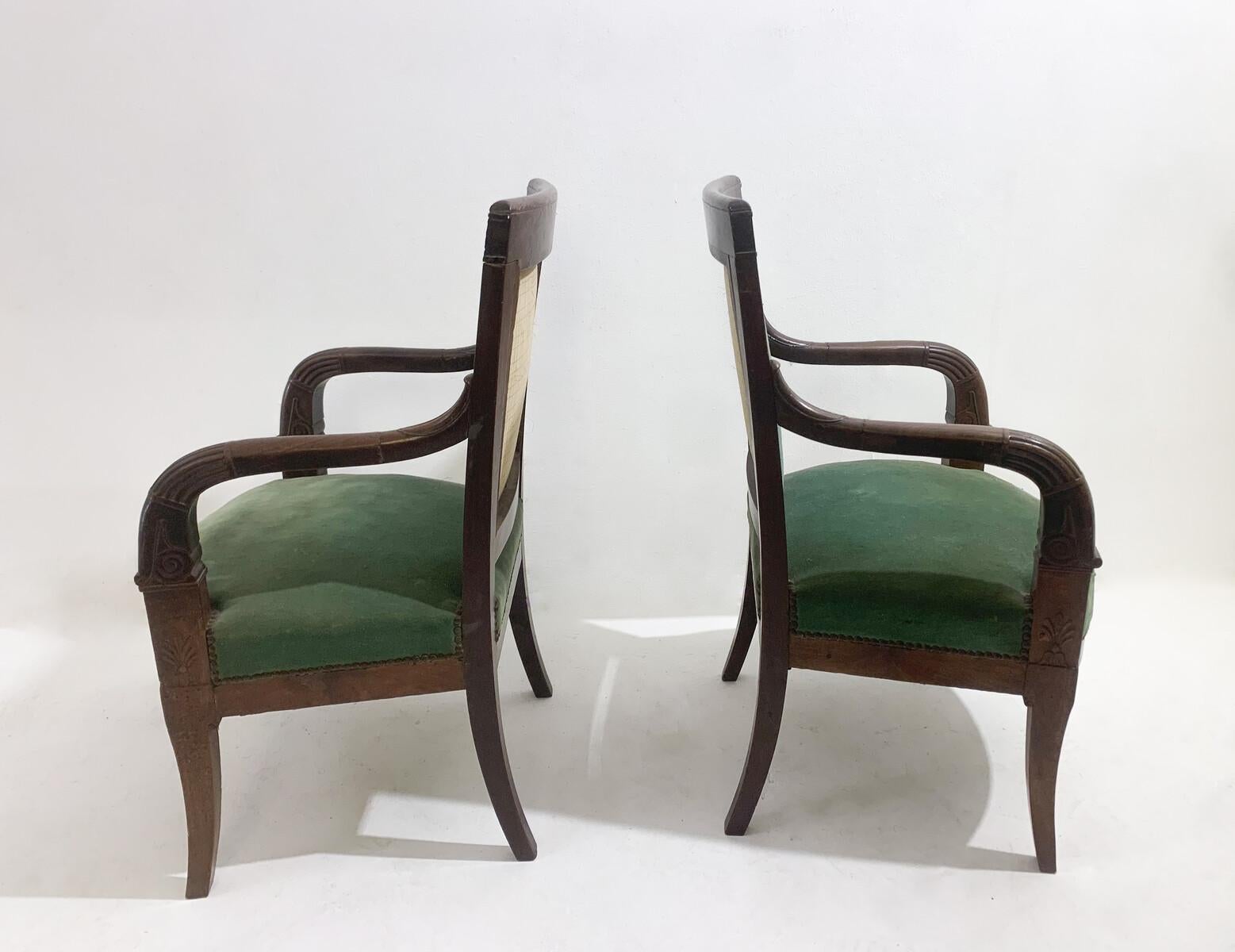 European Pair of Green Armchairs, Empire, Mahogany, 19th Century For Sale