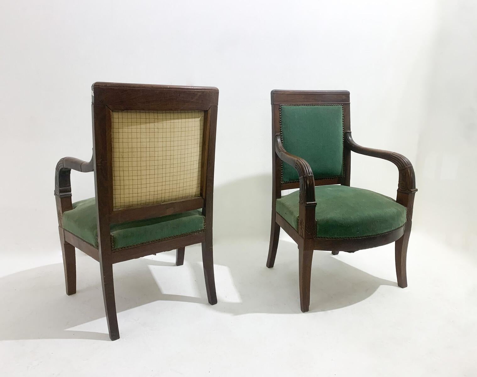 Pair of Green Armchairs, Empire, Mahogany, 19th Century In Good Condition For Sale In Brussels, BE