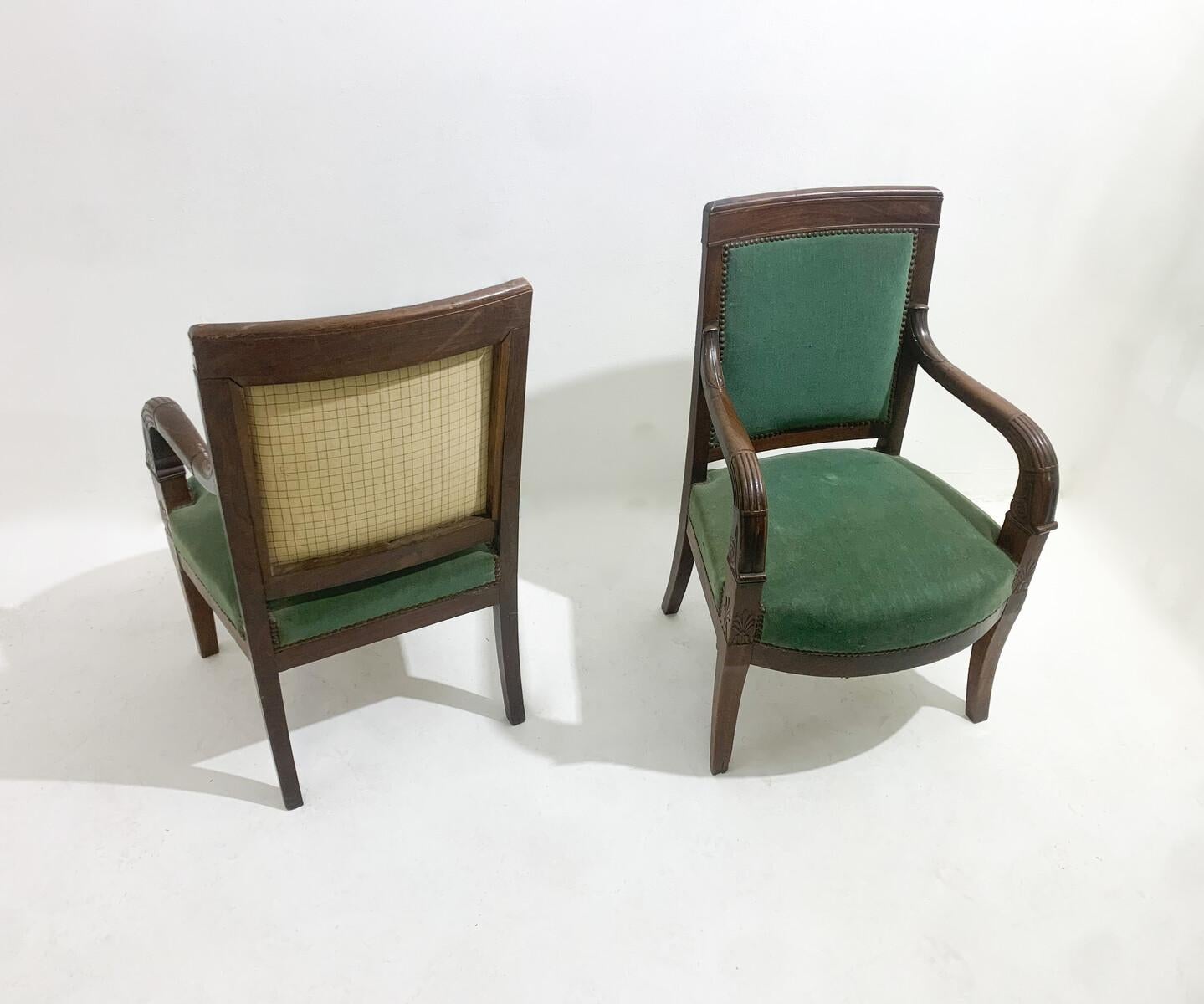 Velvet Pair of Green Armchairs, Empire, Mahogany, 19th Century For Sale