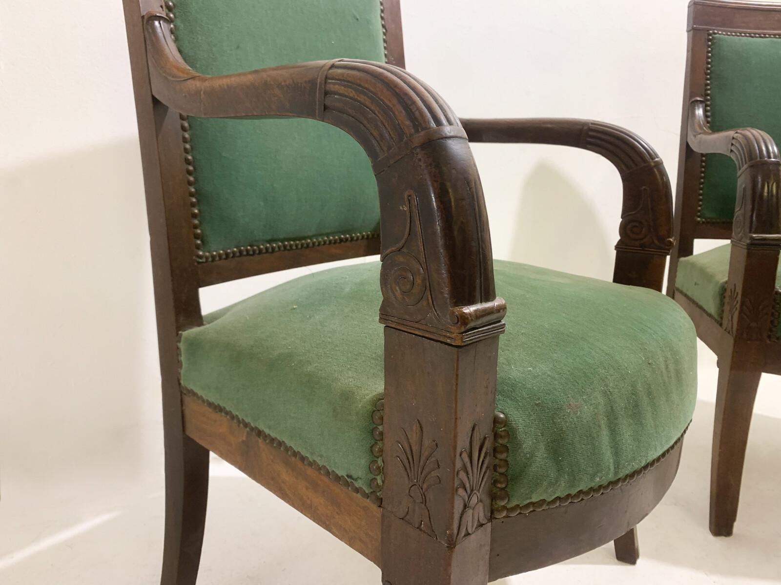 Pair of Green Armchairs, Empire, Mahogany, 19th Century For Sale 3