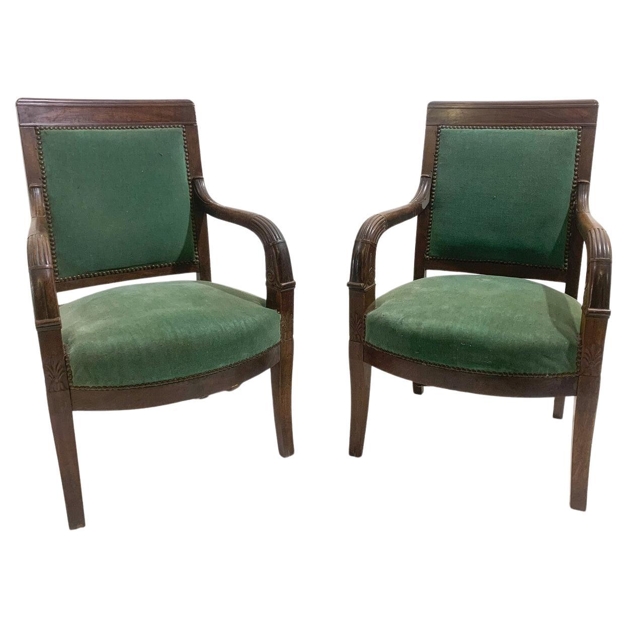 Pair of Green Armchairs, Empire, Mahogany, 19th Century For Sale
