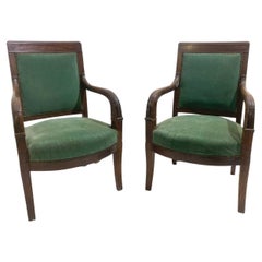 Pair of Green Armchairs, Empire, Mahogany, 19th Century