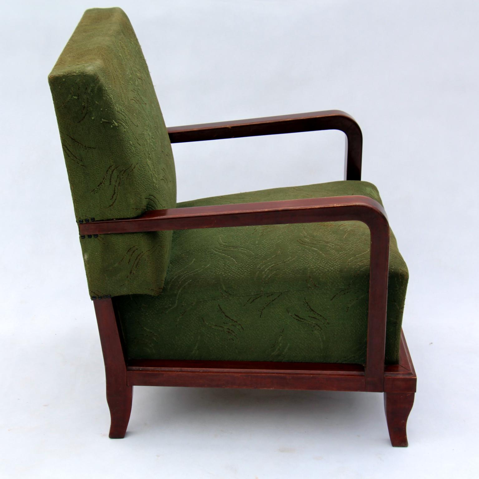 Hungarian Pair of Green Art Deco Armchairs, circa 1930