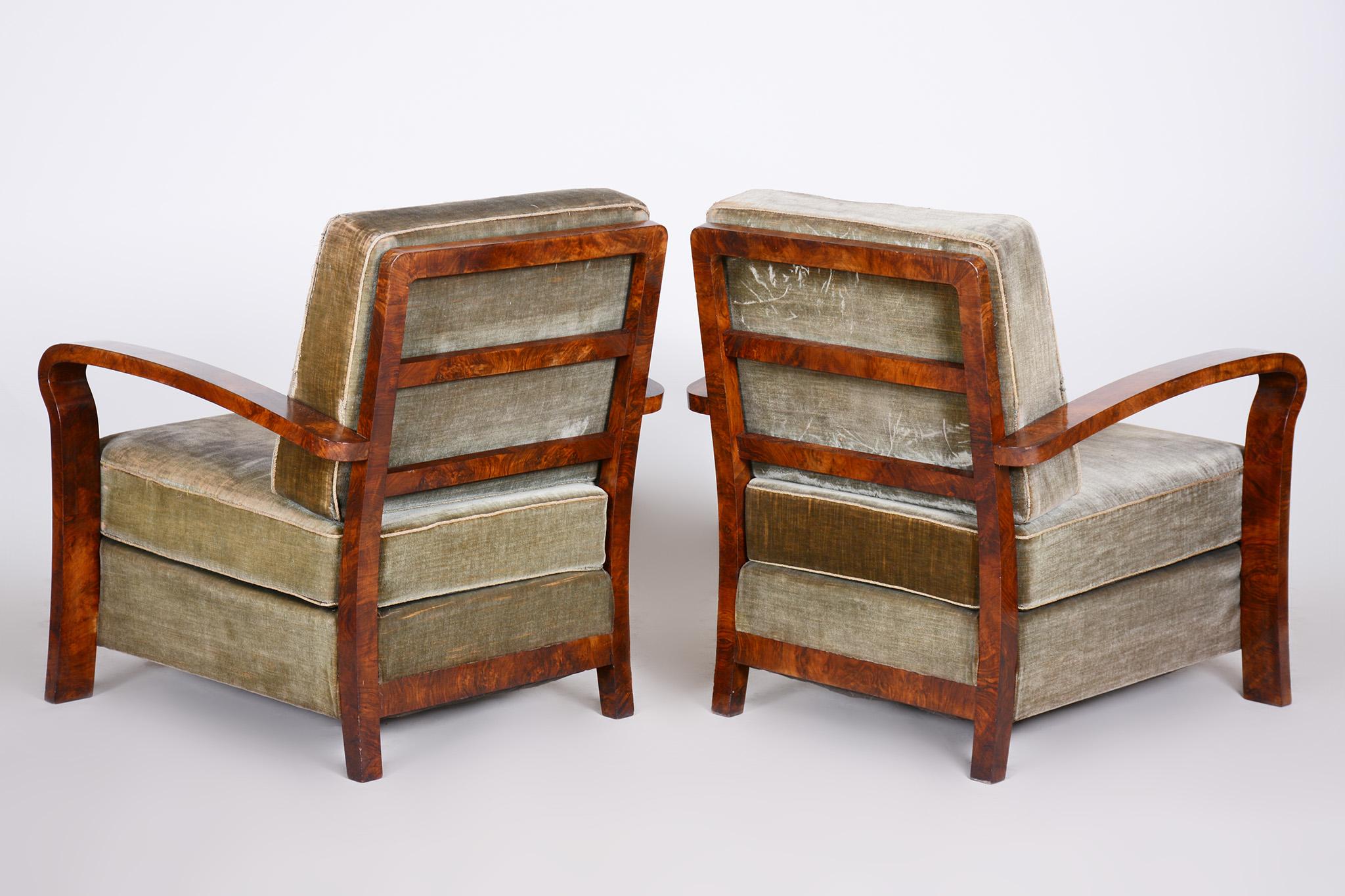 Pair of Green Art Deco Armchairs, Non Restored Walnut, Original Fabric, 1920s 6