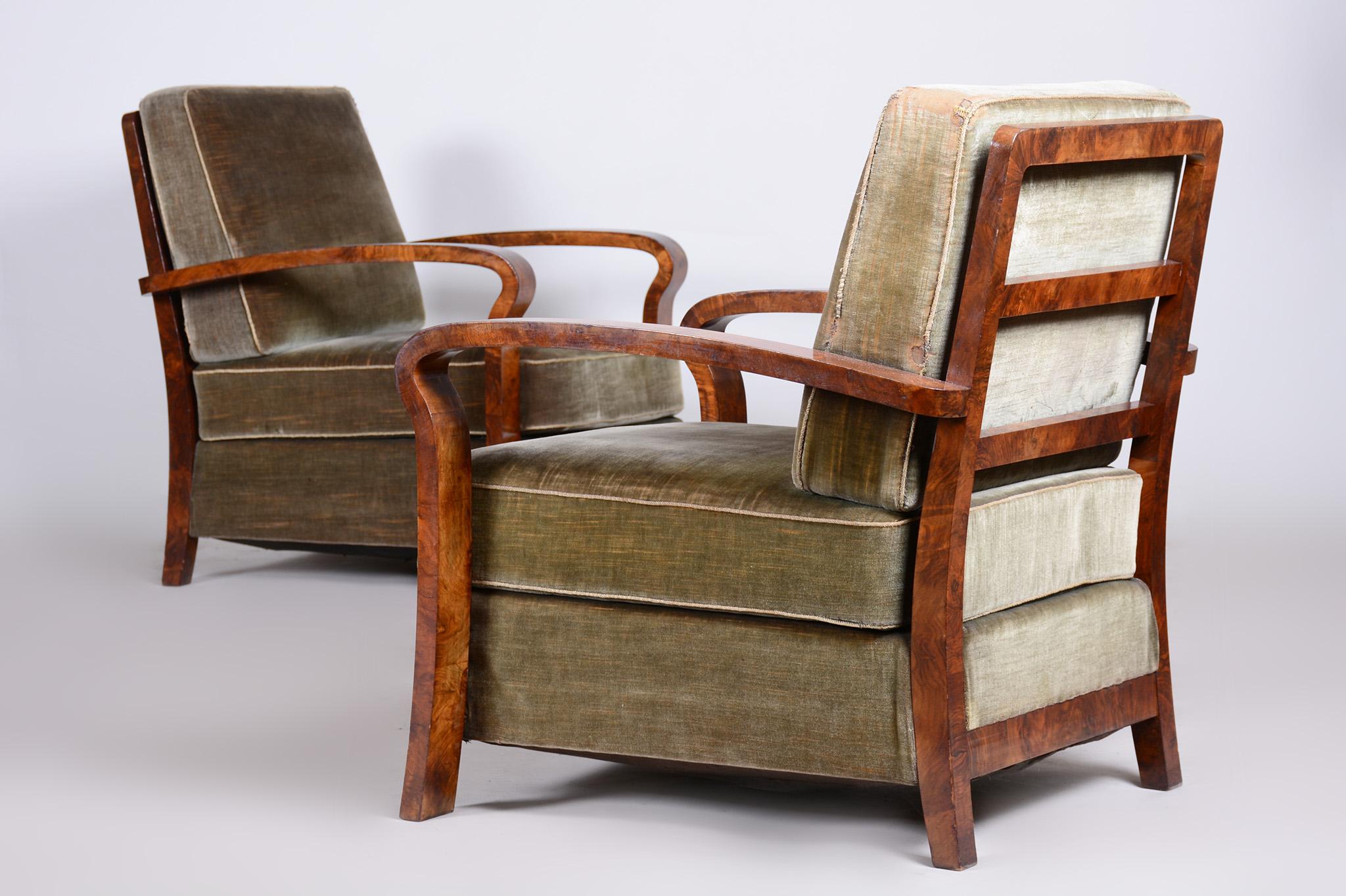 Pair of Green Art Deco Armchairs, Non Restored Walnut, Original Fabric, 1920s 9