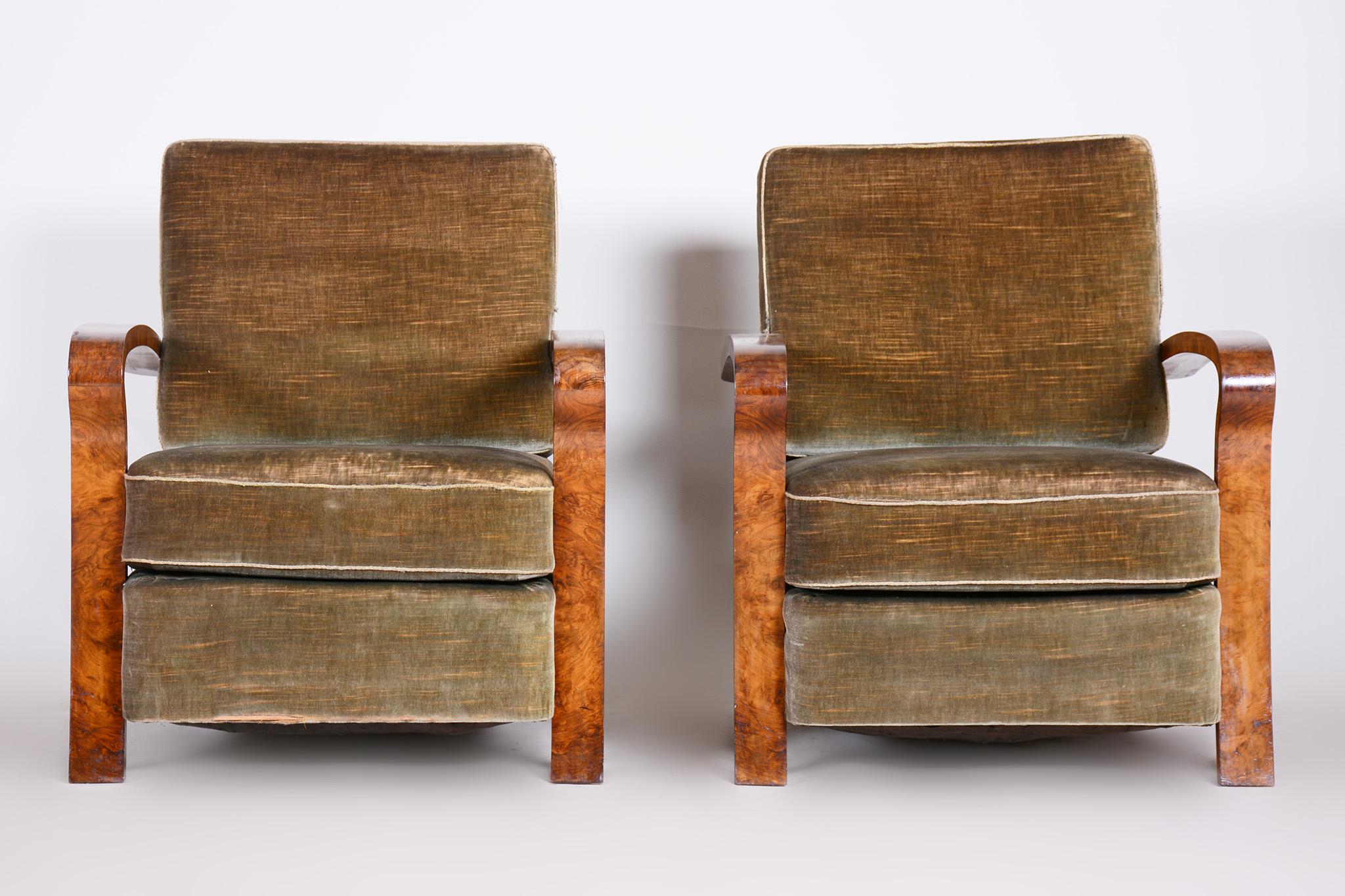 Czech Pair of Green Art Deco Armchairs, Non Restored Walnut, Original Fabric, 1920s