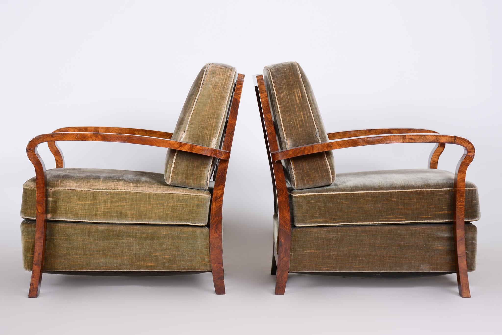 Pair of Green Art Deco Armchairs, Non Restored Walnut, Original Fabric, 1920s 2