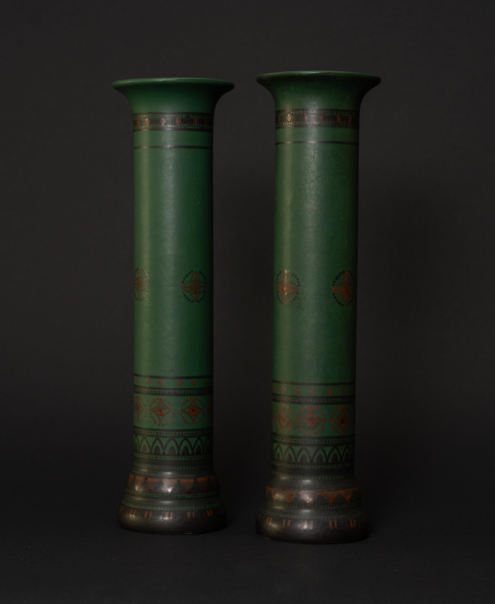 Glazed Pair of Green Art Nouveau Vases by Bert Neinhuis for Distel, Amsterdam For Sale