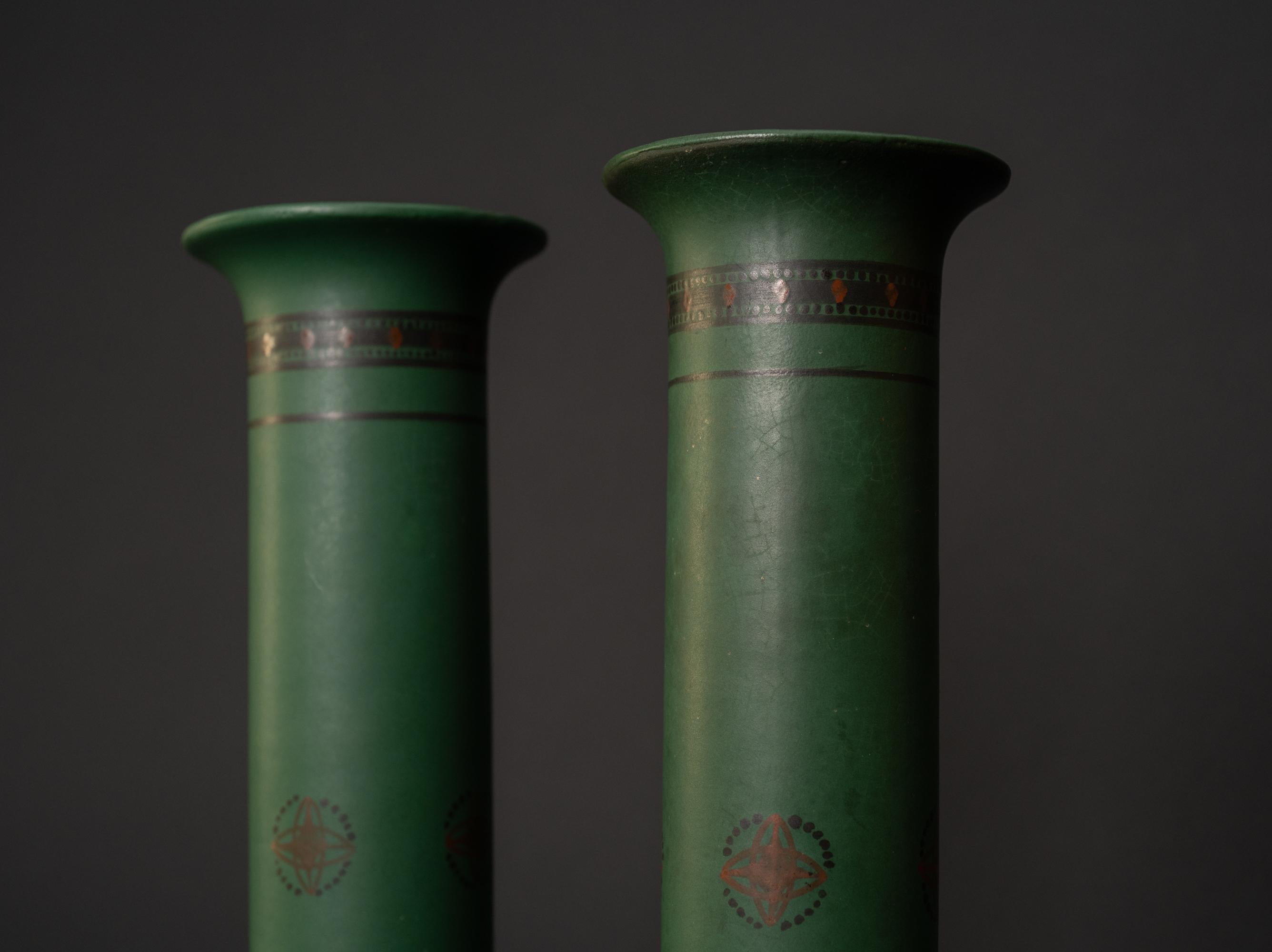 Pair of Green Art Nouveau Vases by Bert Neinhuis for Distel, Amsterdam In Excellent Condition For Sale In Chicago, US