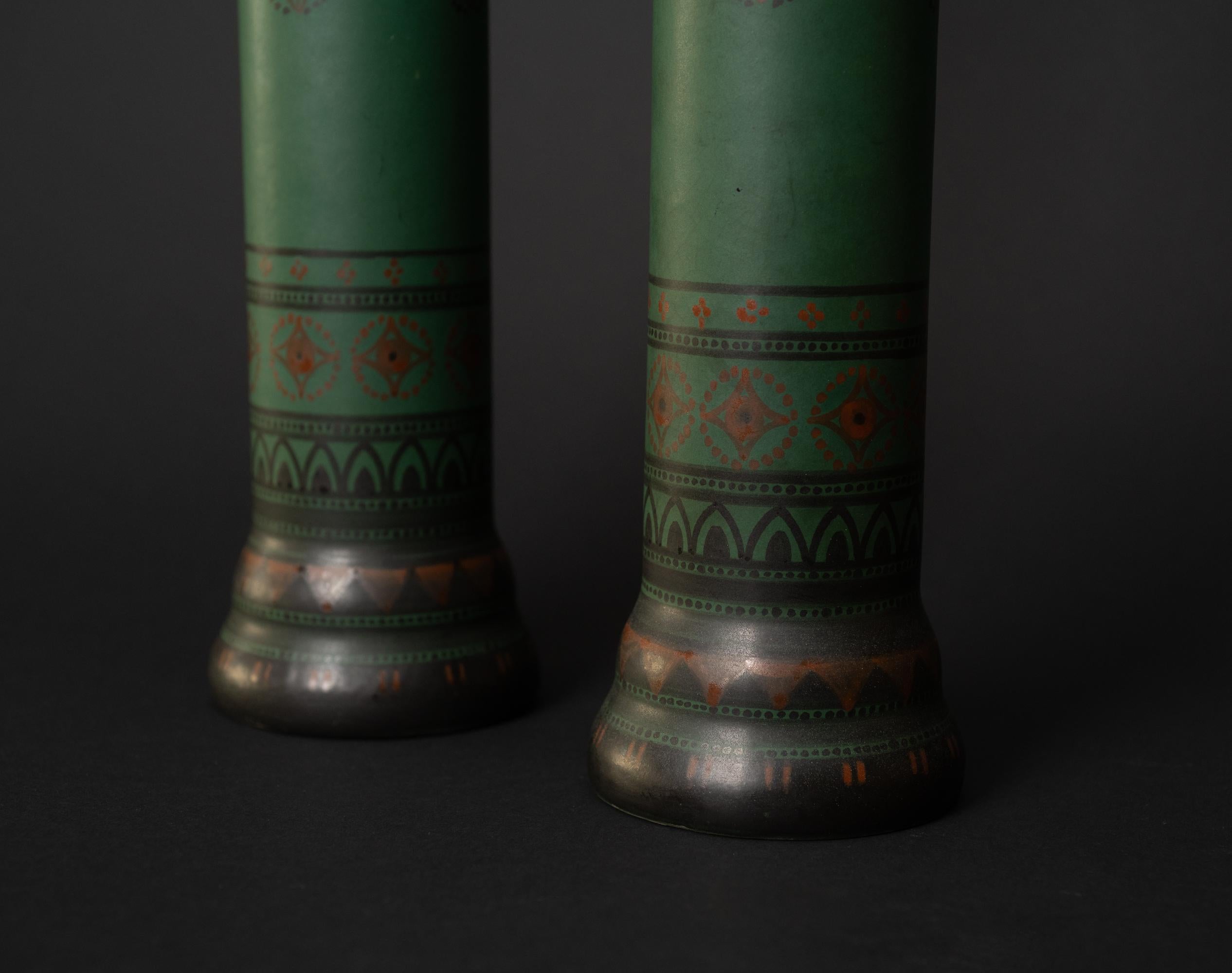 Earthenware Pair of Green Art Nouveau Vases by Bert Neinhuis for Distel, Amsterdam For Sale