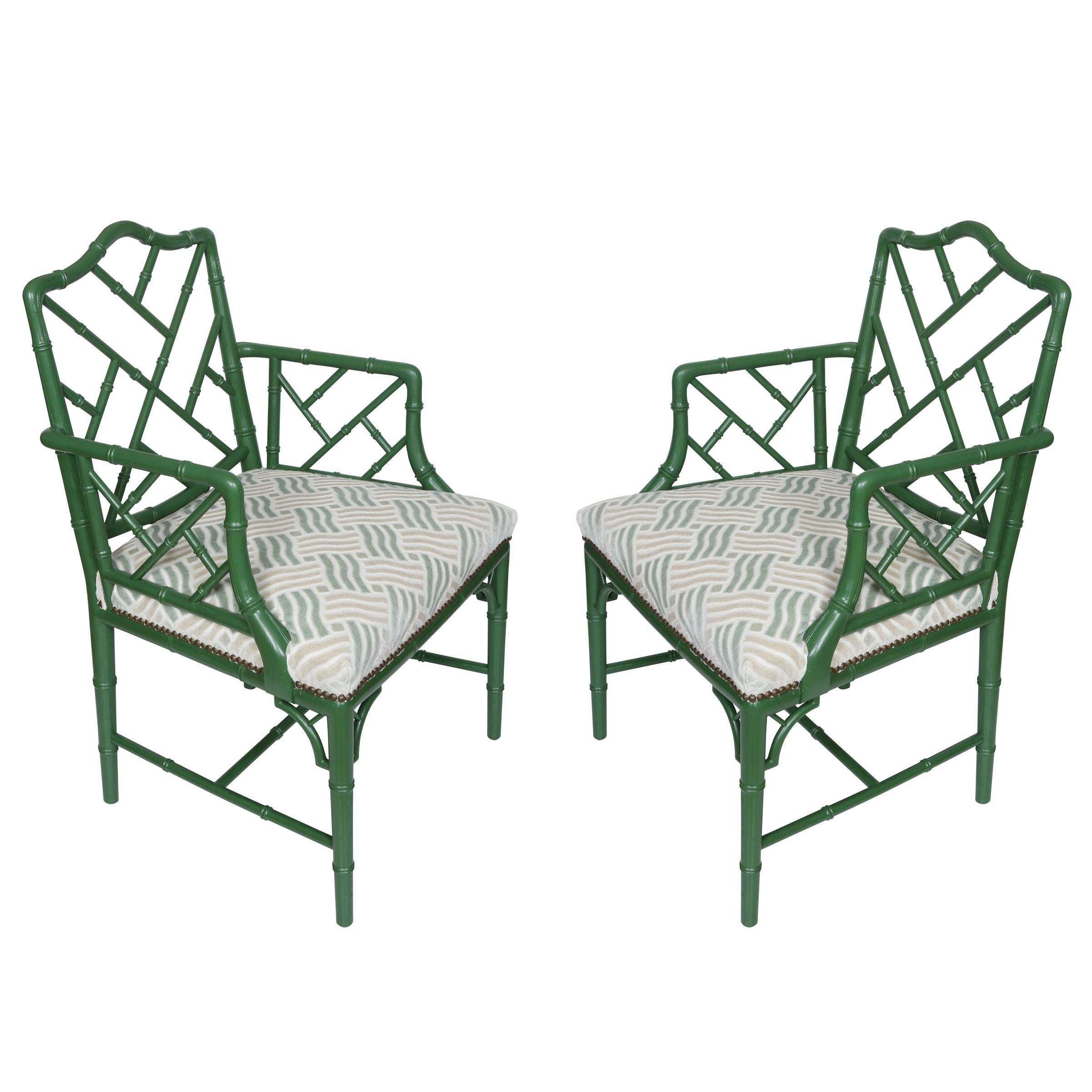 Pair of Green Bamboo Style Arm Chairs With Cut Velvet Seat Cushions In Good Condition For Sale In Locust Valley, NY