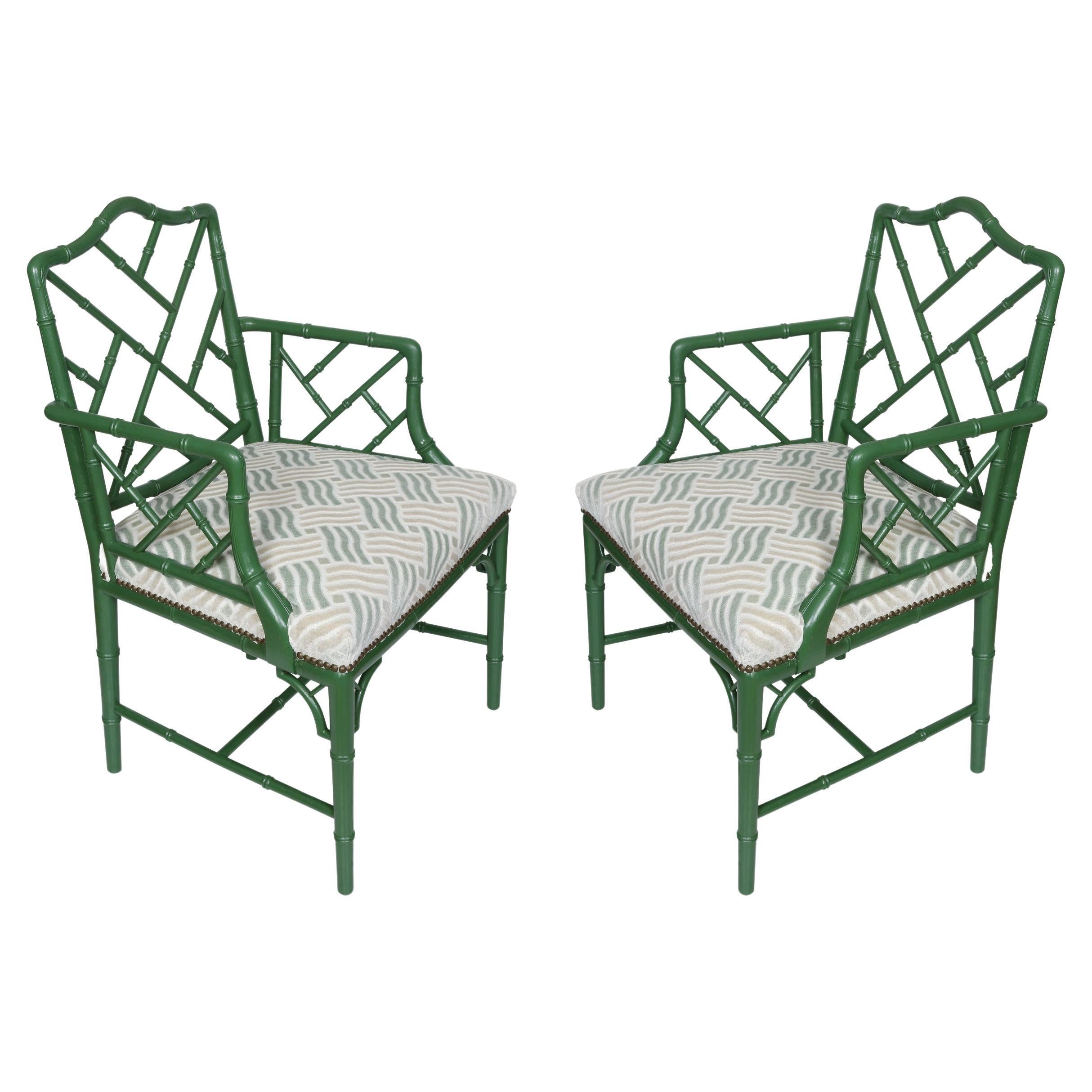 Pair of Green Bamboo Style Arm Chairs With Cut Velvet Seat Cushions