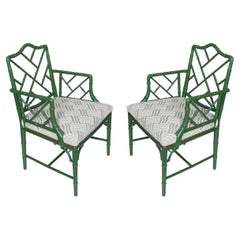 Vintage Pair of Green Bamboo Style Arm Chairs With Cut Velvet Seat Cushions