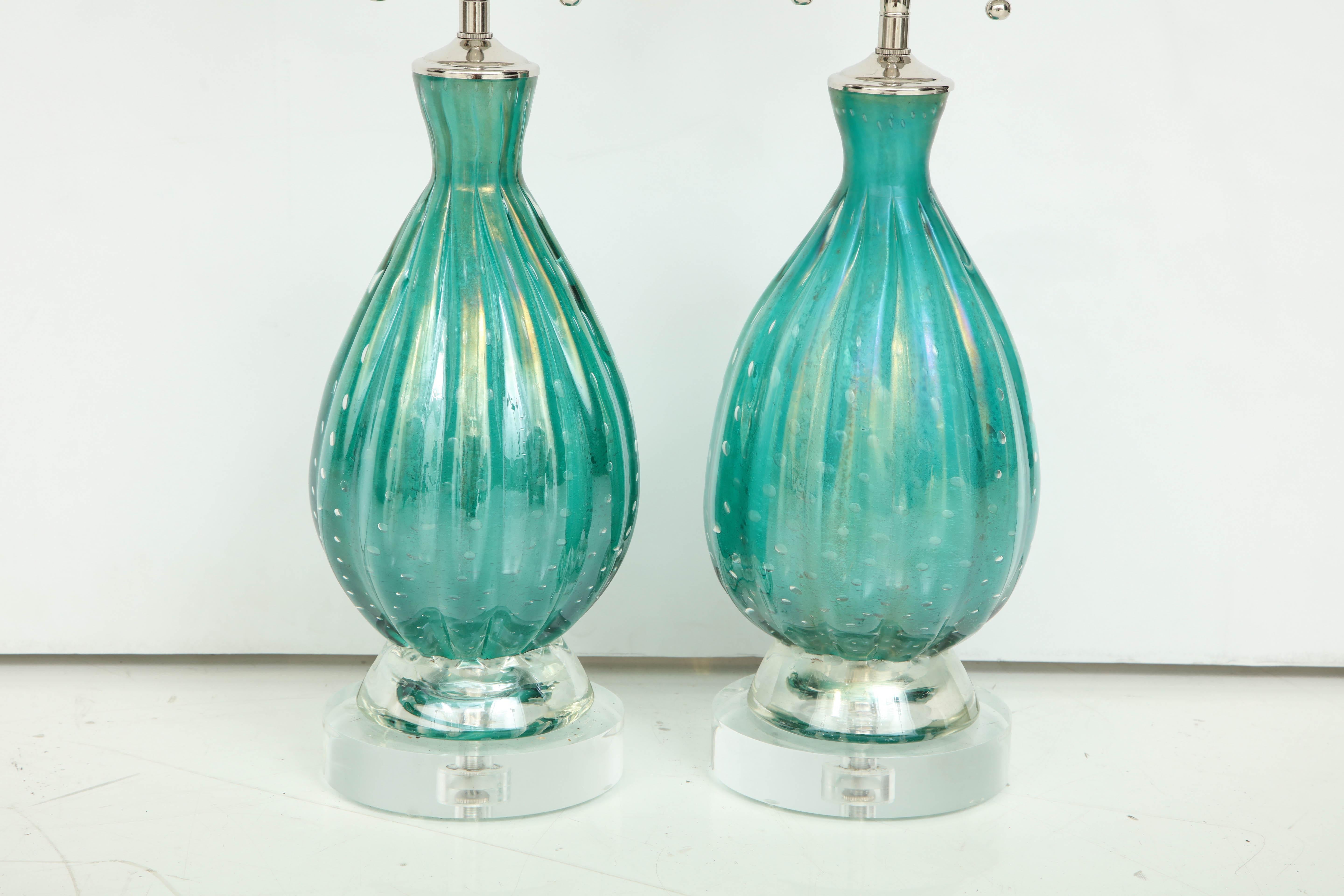 Italian Pair of Green Barovier Lamps