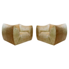 Paar grüne/beige Ledersessel im „Bombole“-Stil