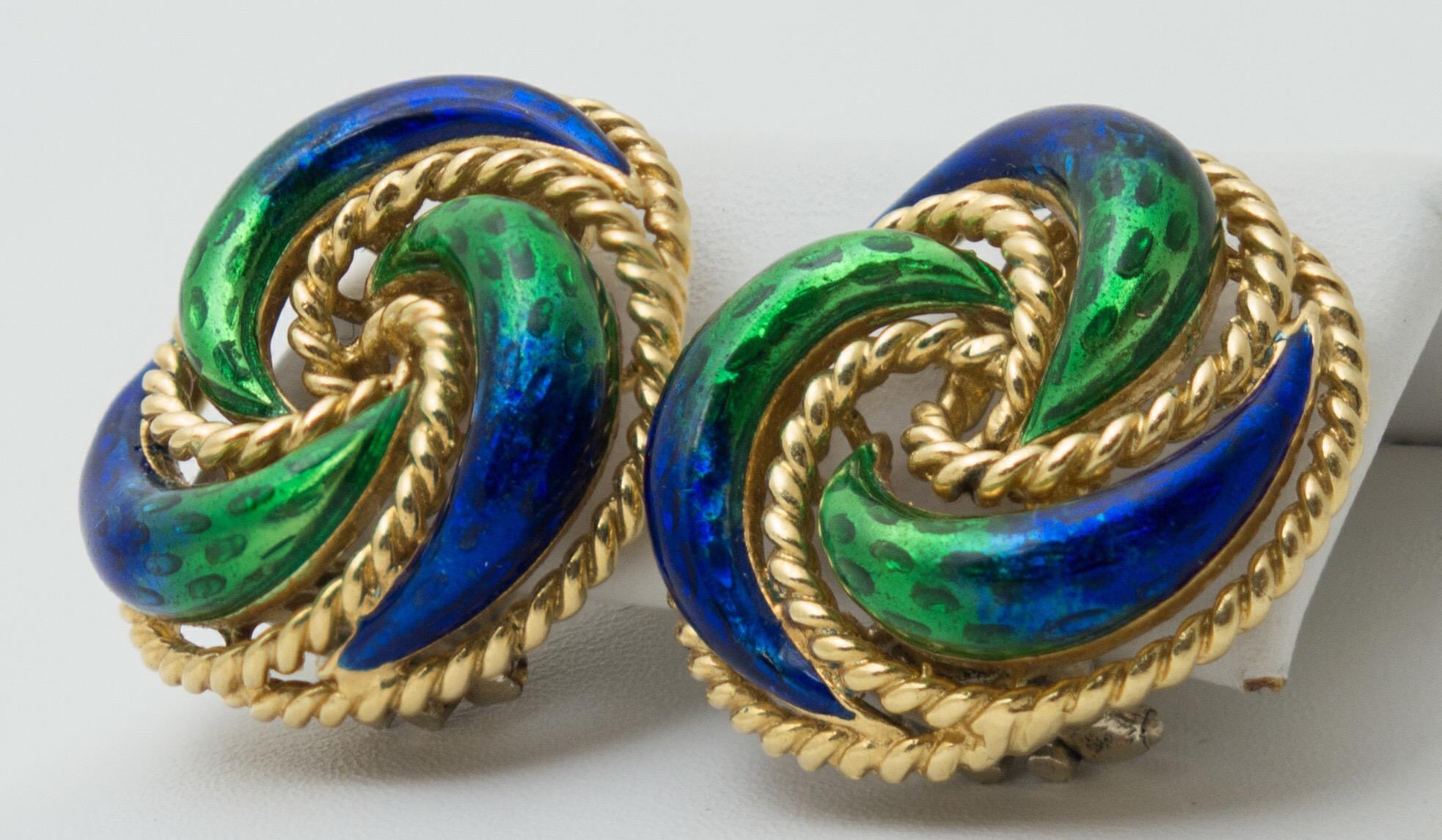 Modern Pair of Green Blue Enamel 18 Karat Gold Clip Earrings