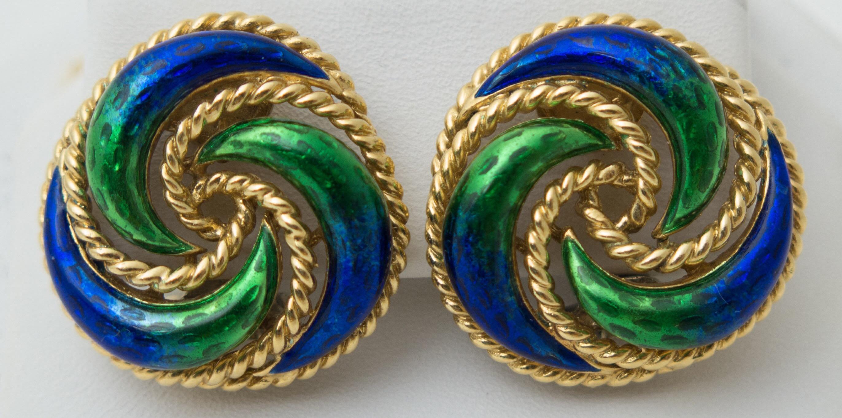 Pair of Green Blue Enamel 18 Karat Gold Clip Earrings In Good Condition In Austin, TX