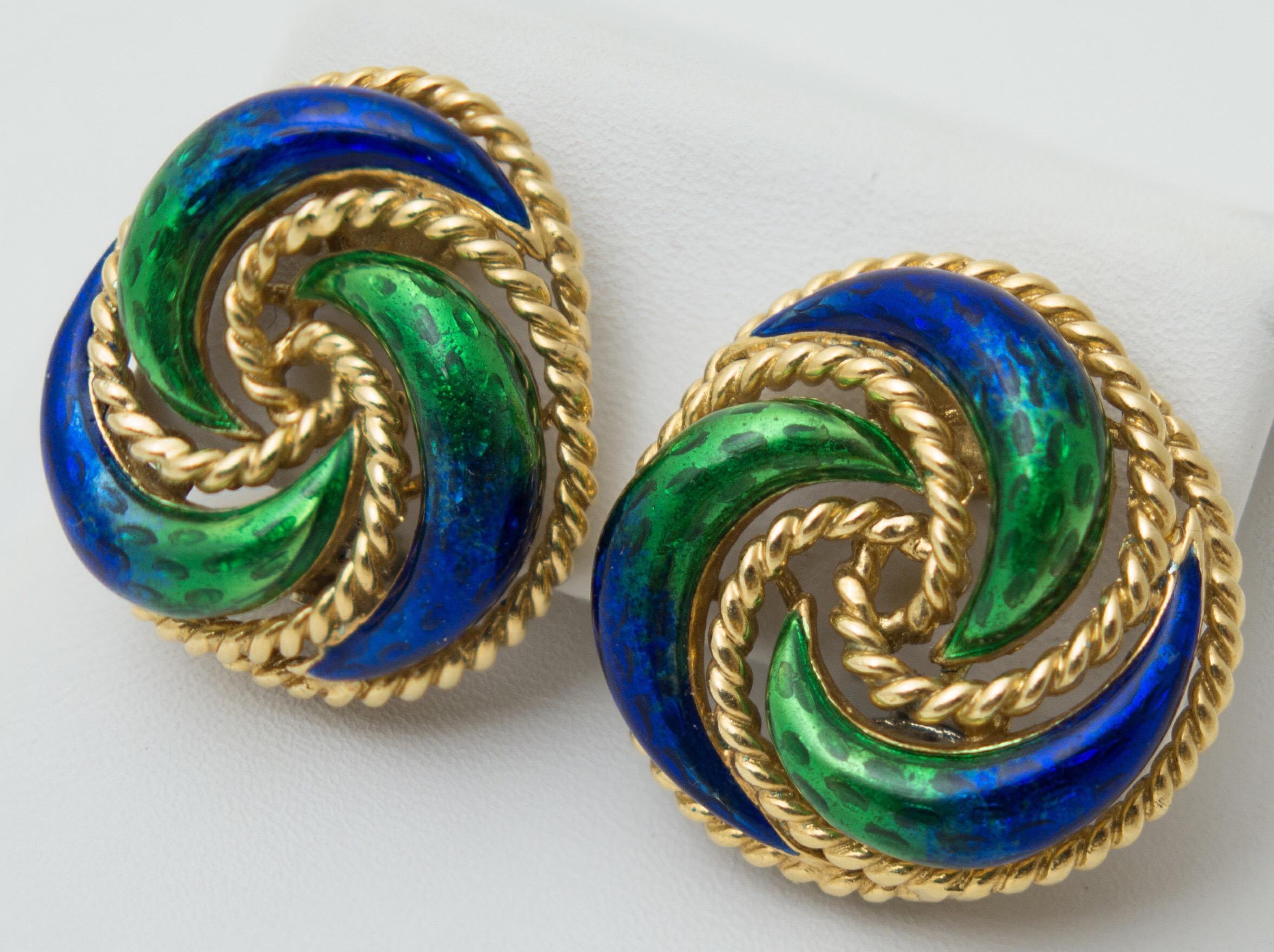 Women's Pair of Green Blue Enamel 18 Karat Gold Clip Earrings