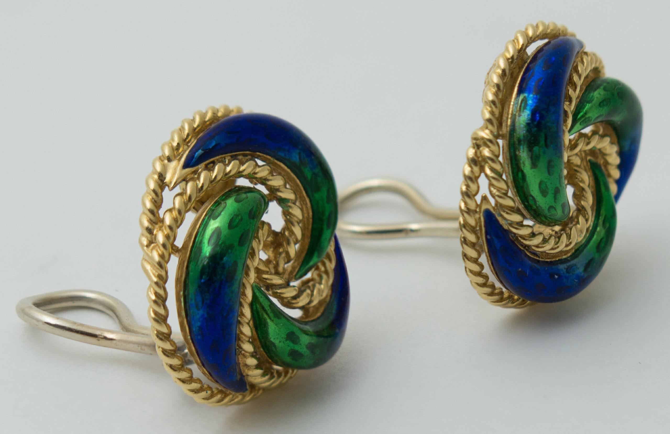 Pair of Green Blue Enamel 18 Karat Gold Clip Earrings 1
