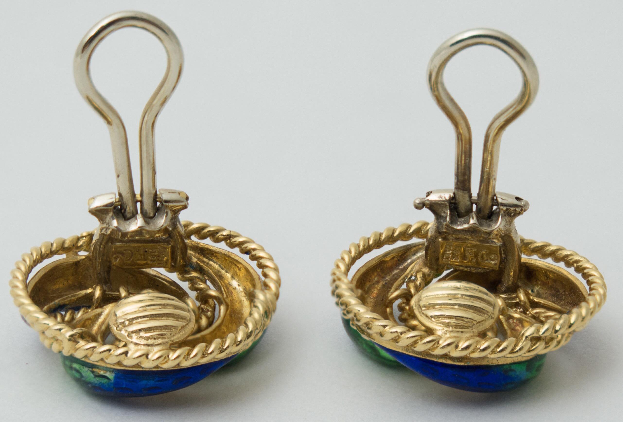 Pair of Green Blue Enamel 18 Karat Gold Clip Earrings 3