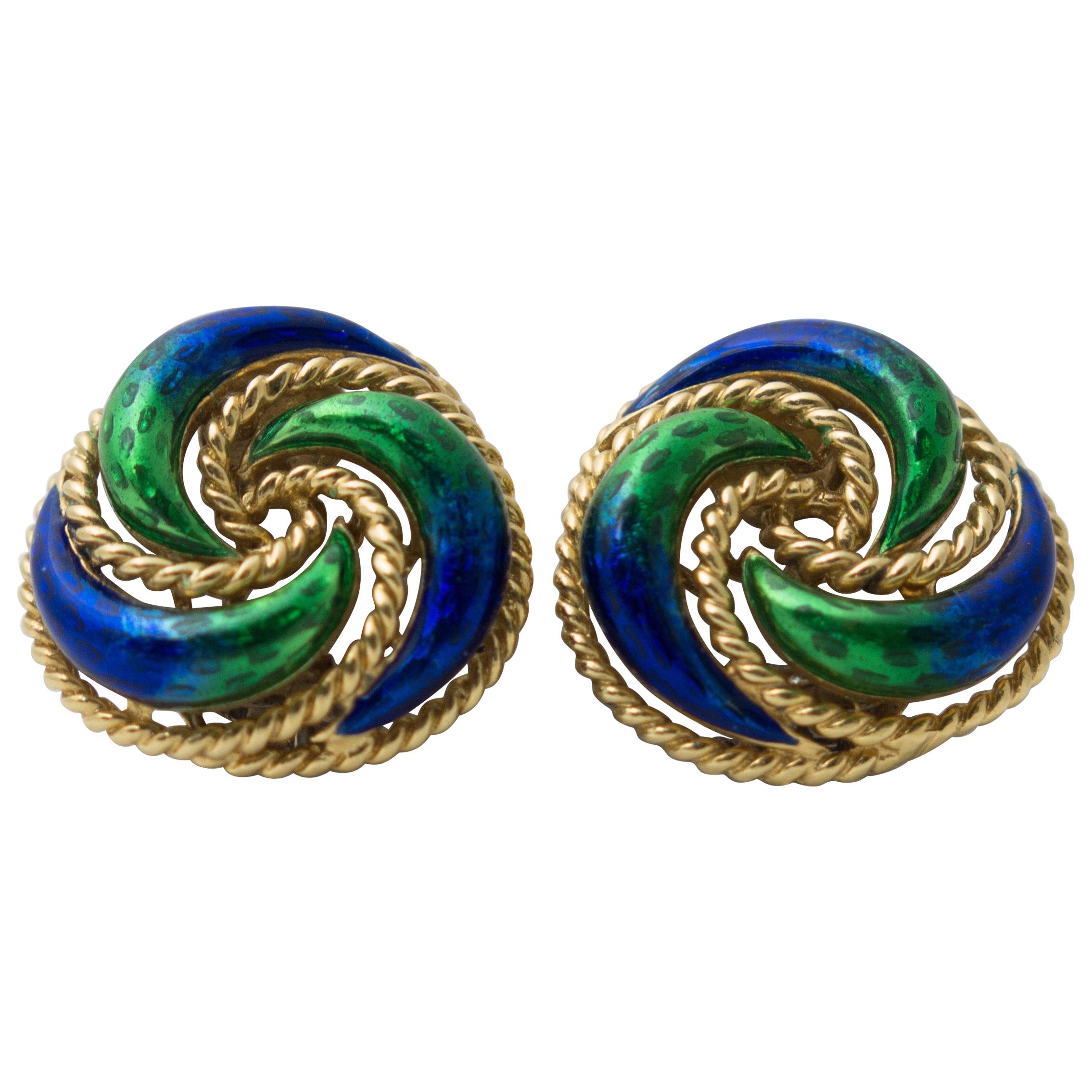 Pair of Green Blue Enamel 18 Karat Gold Clip Earrings