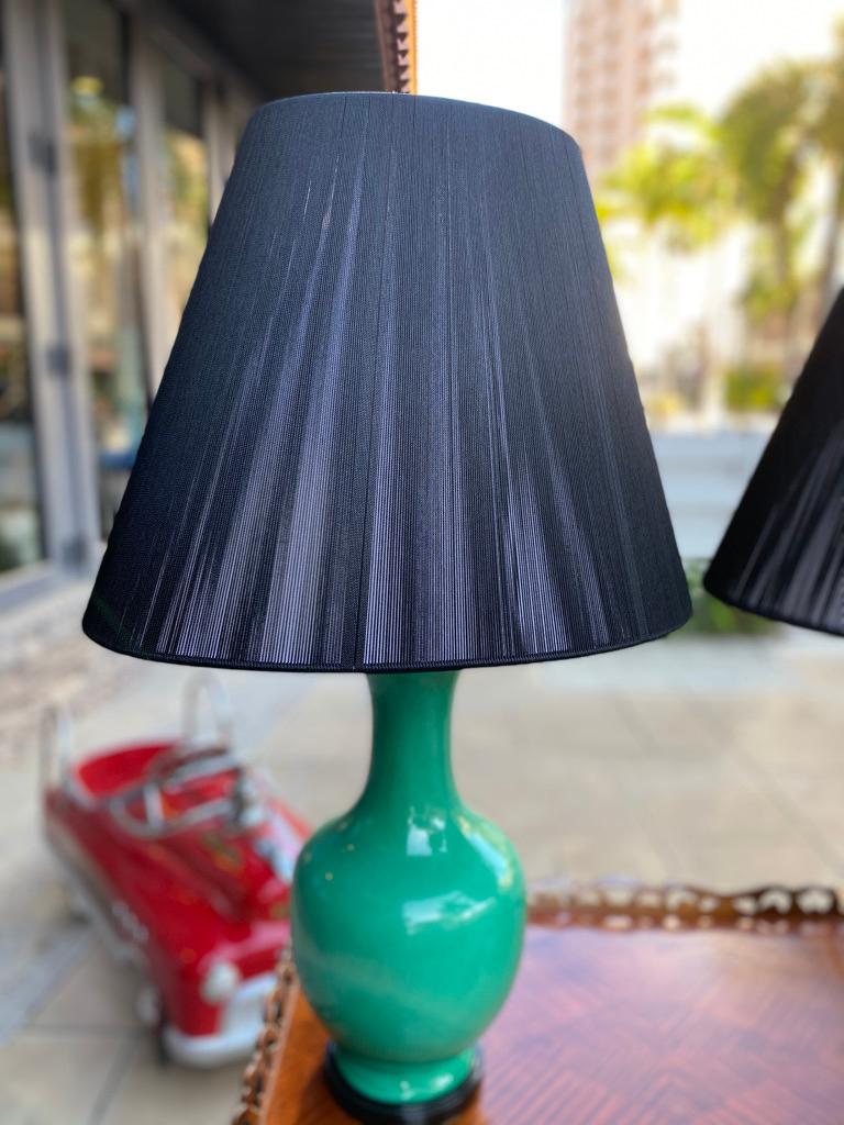Chinese Export Pair of Green Bottleneck Lamps with New String Shades