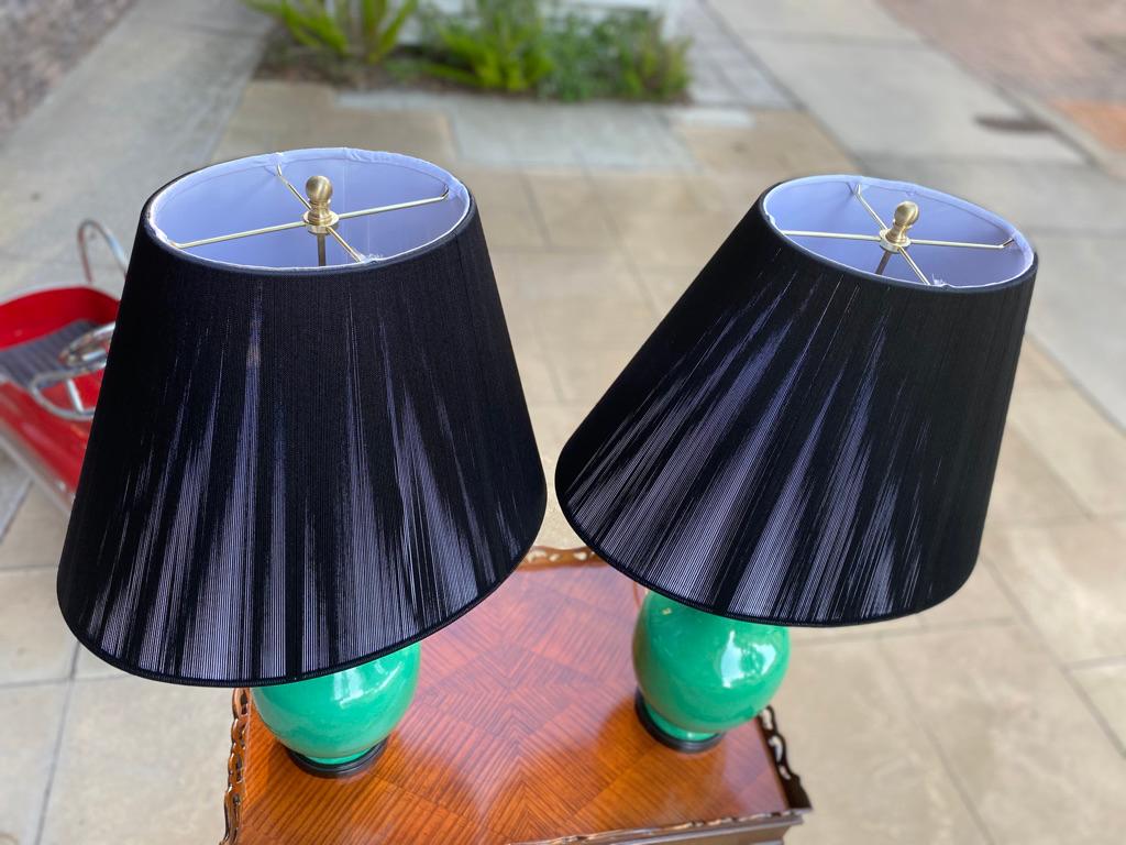 Chinese Pair of Green Bottleneck Lamps with New String Shades