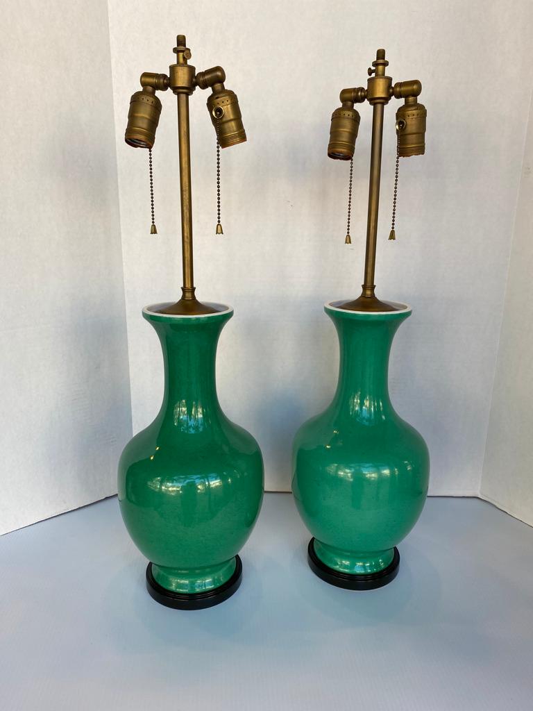 Hand-Crafted Pair of Green Bottleneck Lamps with New String Shades