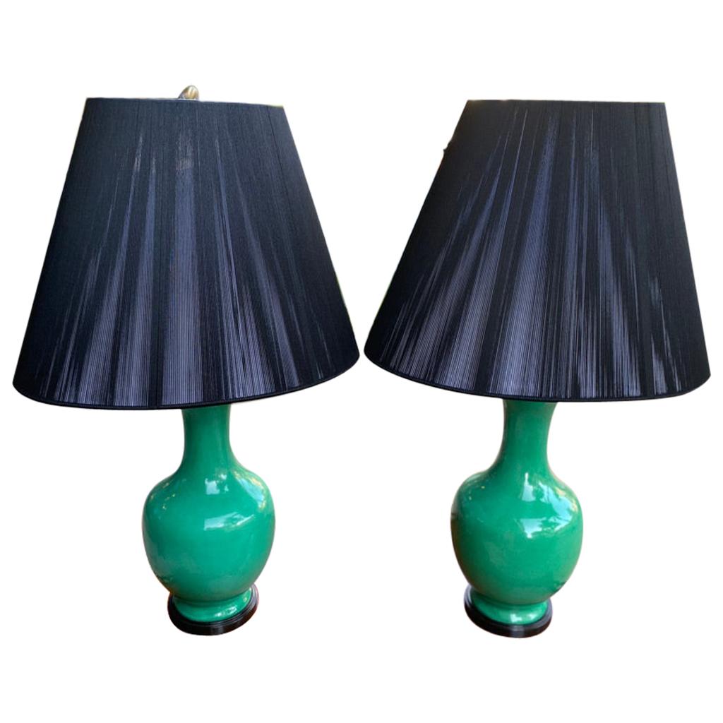 Pair of Green Bottleneck Lamps with New String Shades