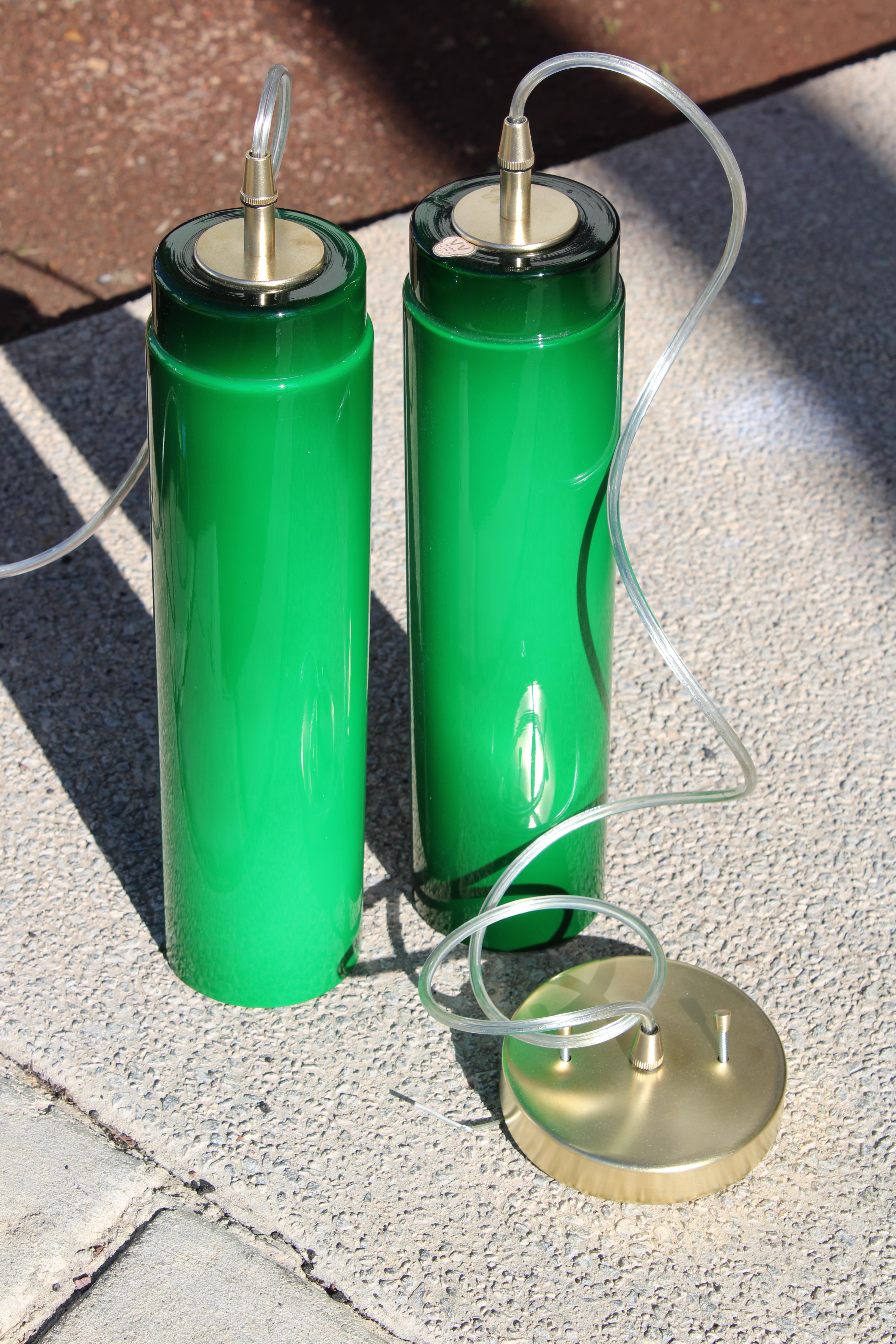 Mid-Century Modern Pair of Green Cased Glass Pendants, Made in France For Sale