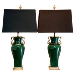 Pair of Green Ceramic Chapman Lamps with Brass Snake Band and Base