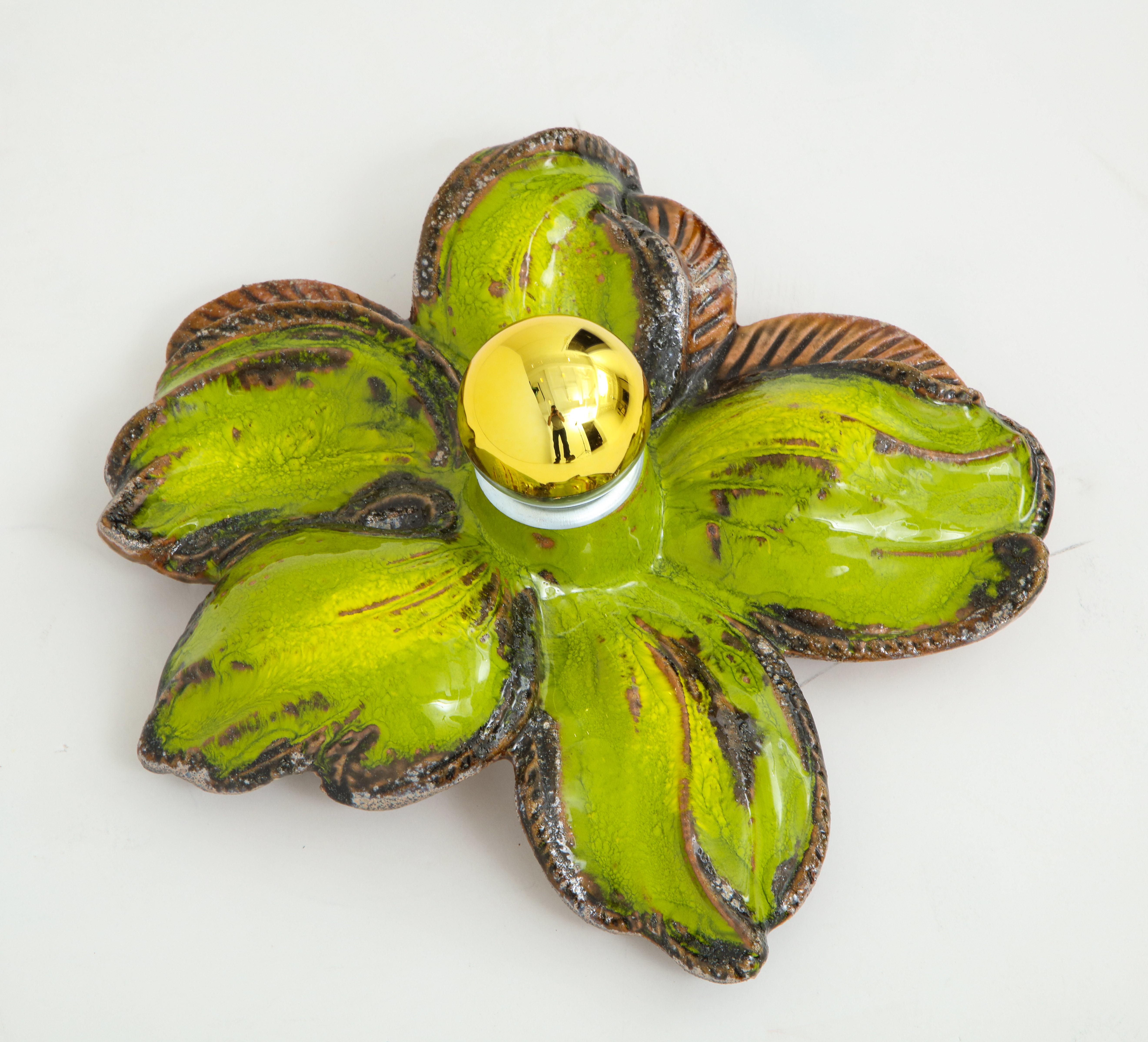 Belgian Pair of Green Ceramic Flower Sconces