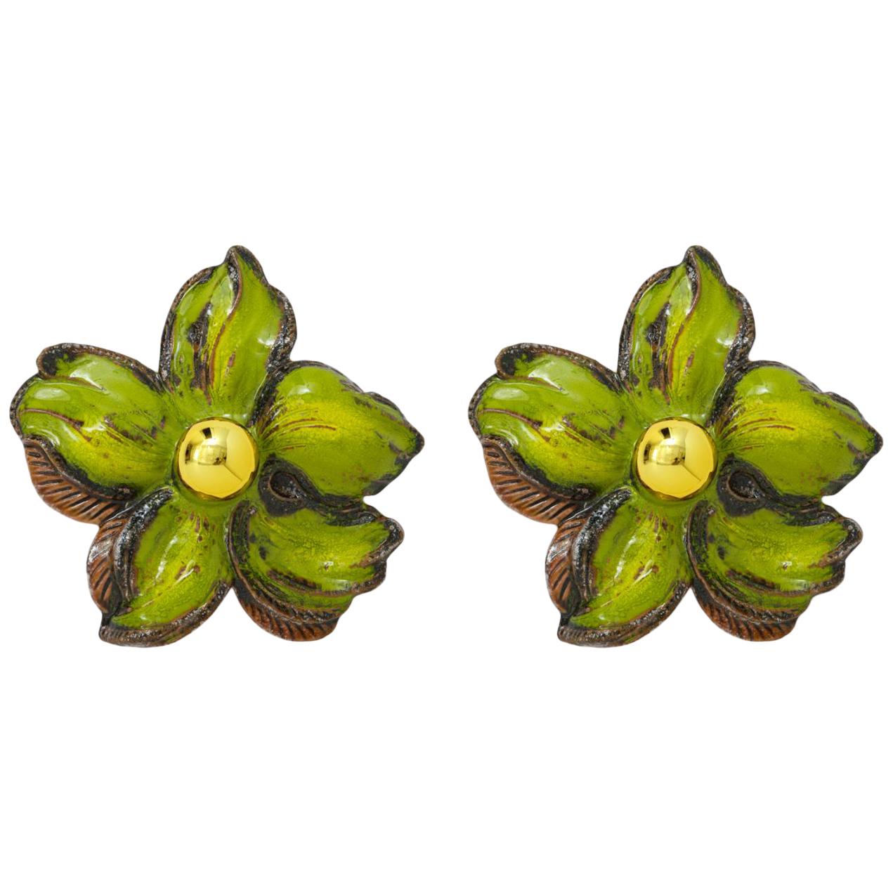 Pair of Green Ceramic Flower Sconces