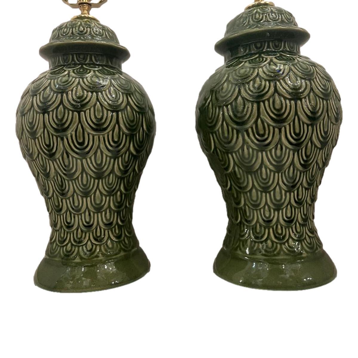 Mid-20th Century Pair of Green Ceramic Lamps For Sale