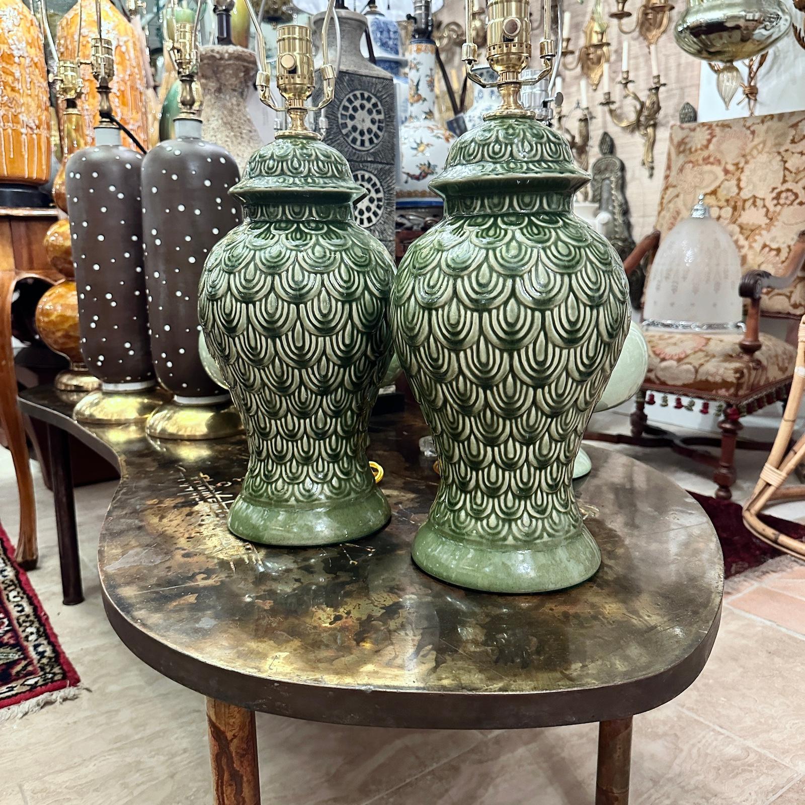Pair of Green Ceramic Lamps For Sale 1