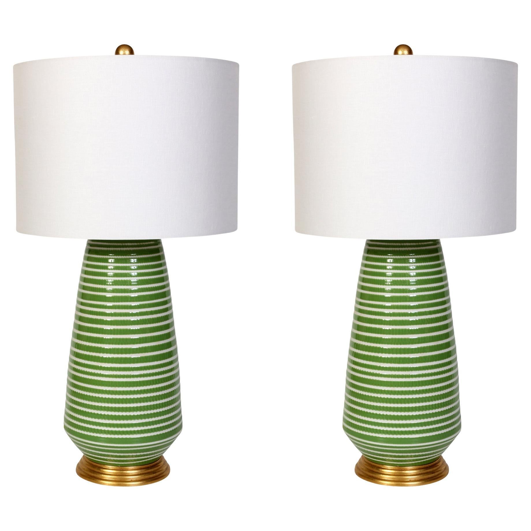 Pair of Green Ceramic Lamps with Giltwood Base  For Sale