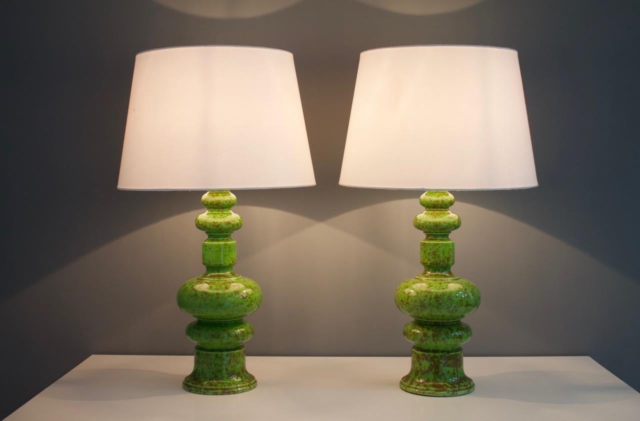Mid-Century Modern Pair of Green Ceramic Table Lamps, 1970s
