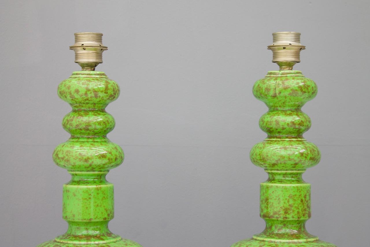 European Pair of Green Ceramic Table Lamps, 1970s