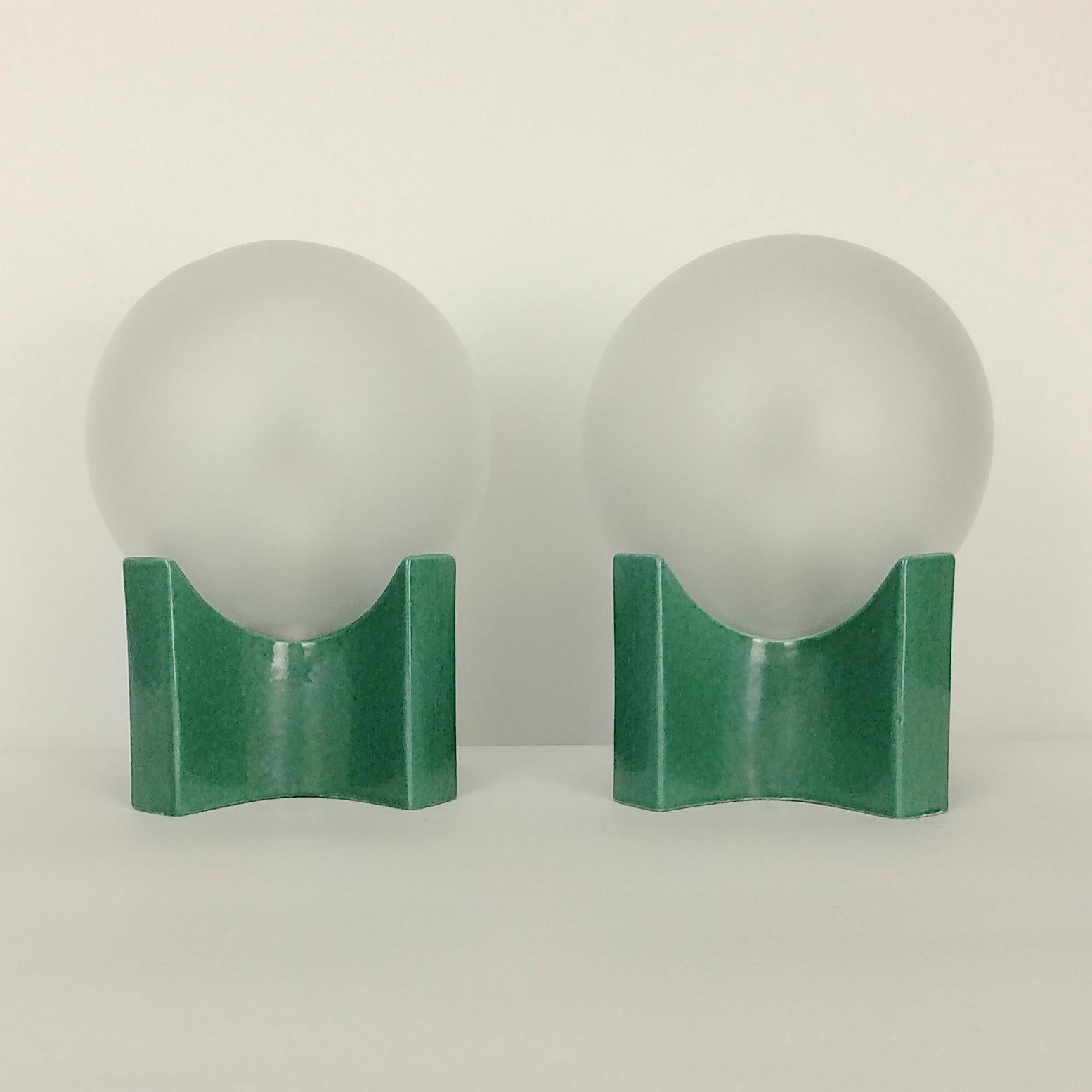 Frosted Pair of Green Ceramic Table Lamps, circa 1960, Italy