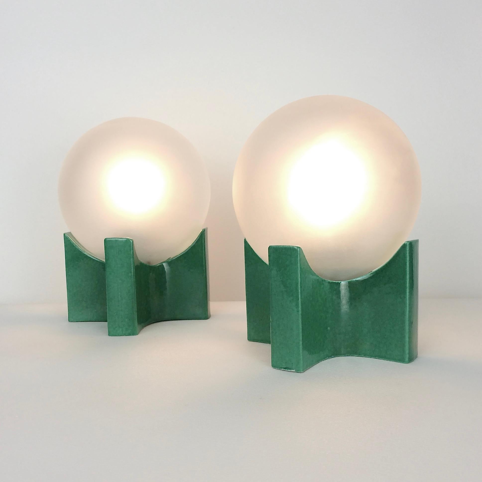 Pair of Green Ceramic Table Lamps, circa 1960, Italy In Good Condition In Brussels, BE