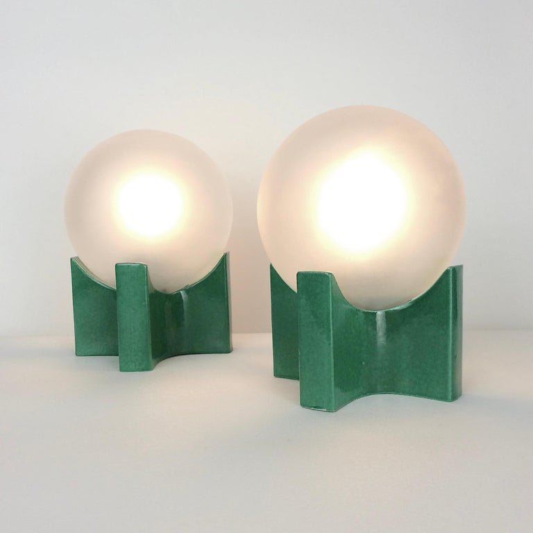 Frosted Pair of Green Ceramic Table Lamps, circa 1960, Italy For Sale