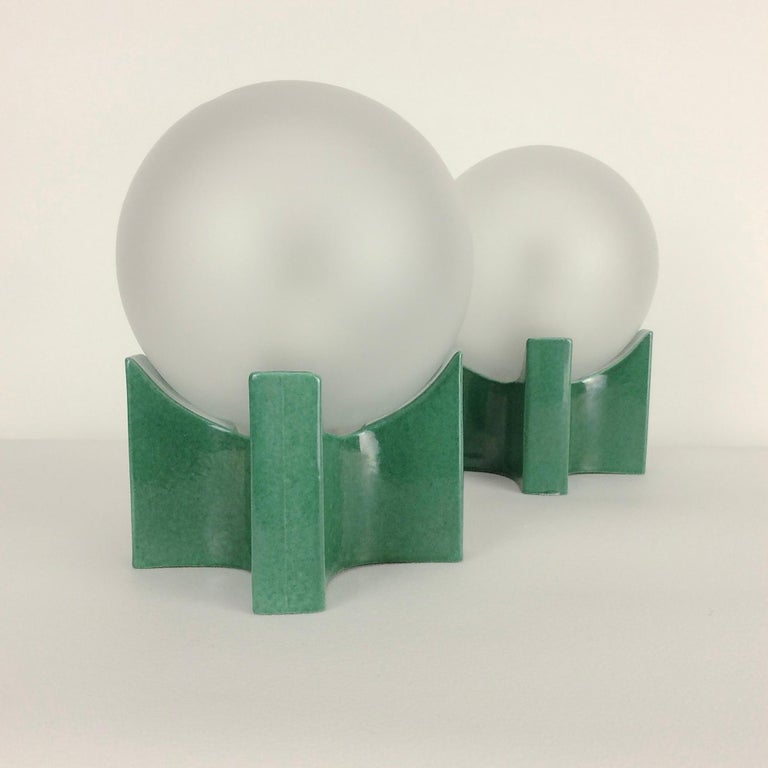 Pair of Green Ceramic Table Lamps, circa 1960, Italy In Good Condition For Sale In Brussels, BE