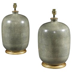 Vintage Pair of Green Chinese Porcelain Shagreen Table Lamps