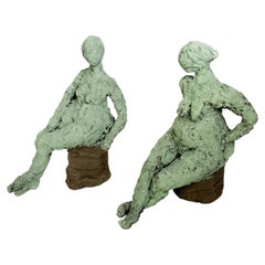 Pair of Green Clay Sculptures, France, 1970s