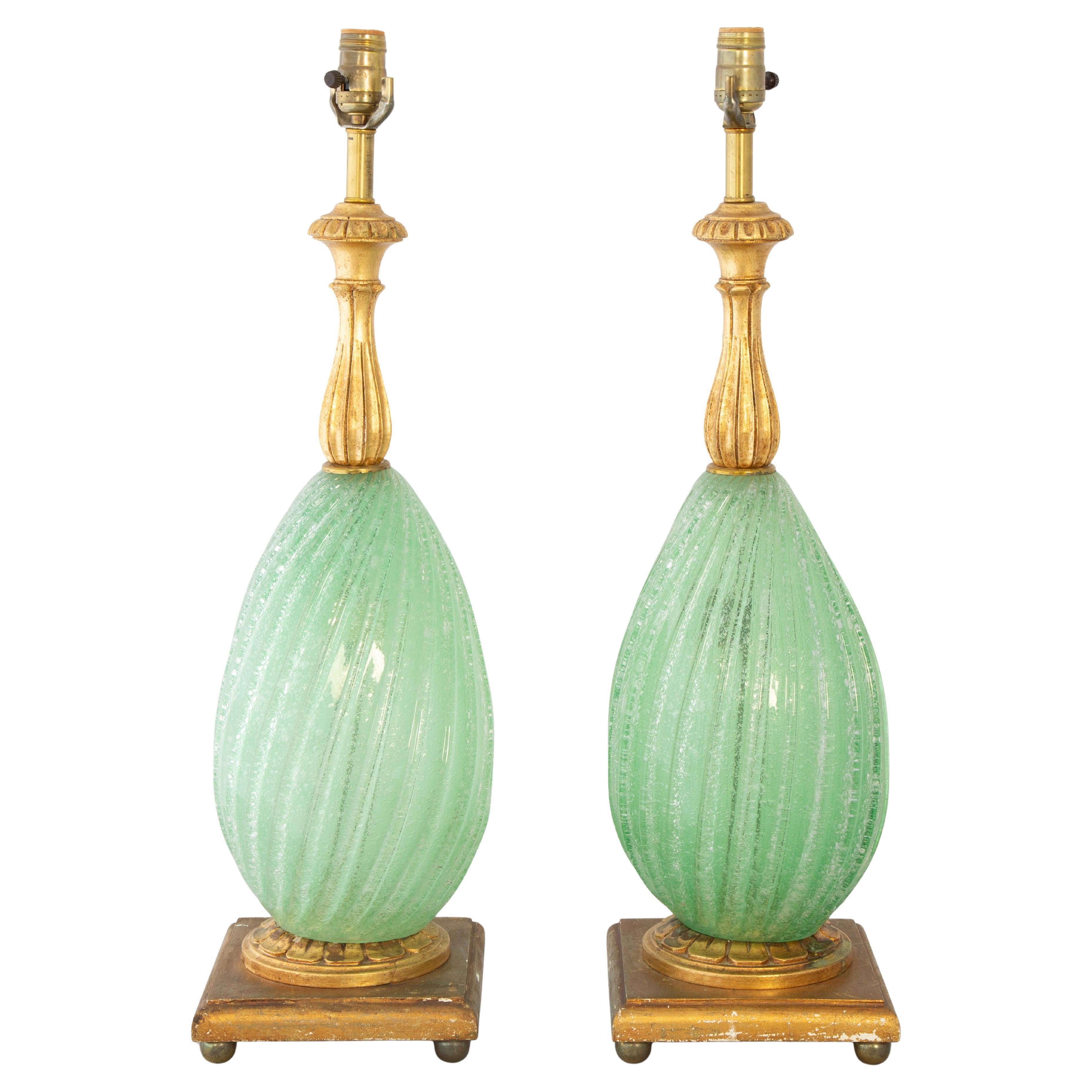 Pair of Green-Colored Lobular Murano Glass Lamps en vente