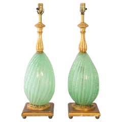 Pair of Green-Colored Lobular Murano Glass Lamps