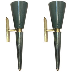Pair of Green Conical Murano Wall Sconces, Brass Fittings