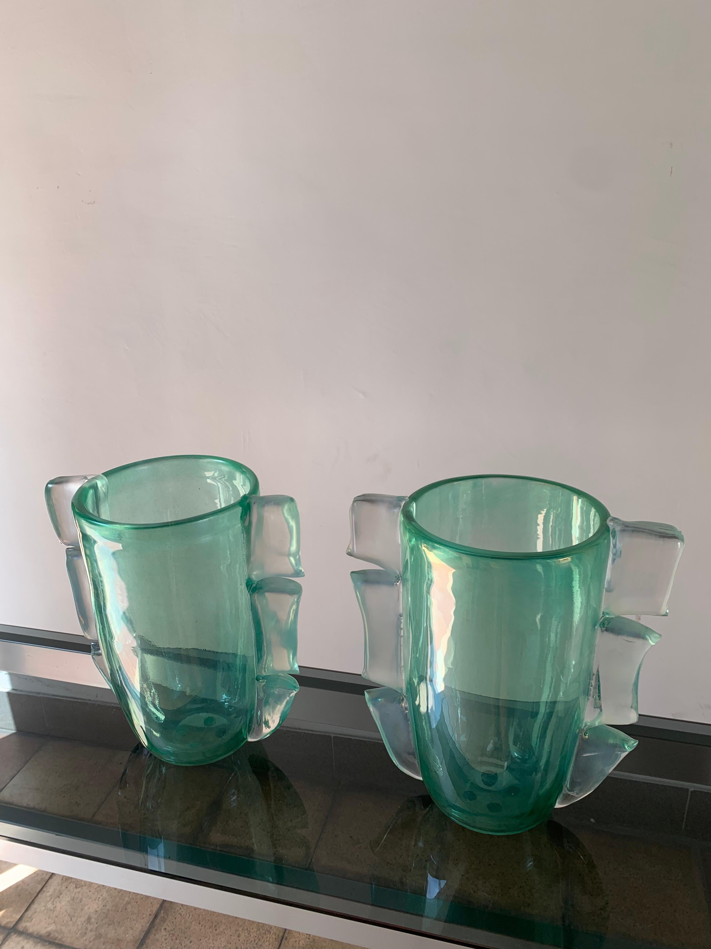 Art Deco Pair of Green Costantini Murano Vases, 1990