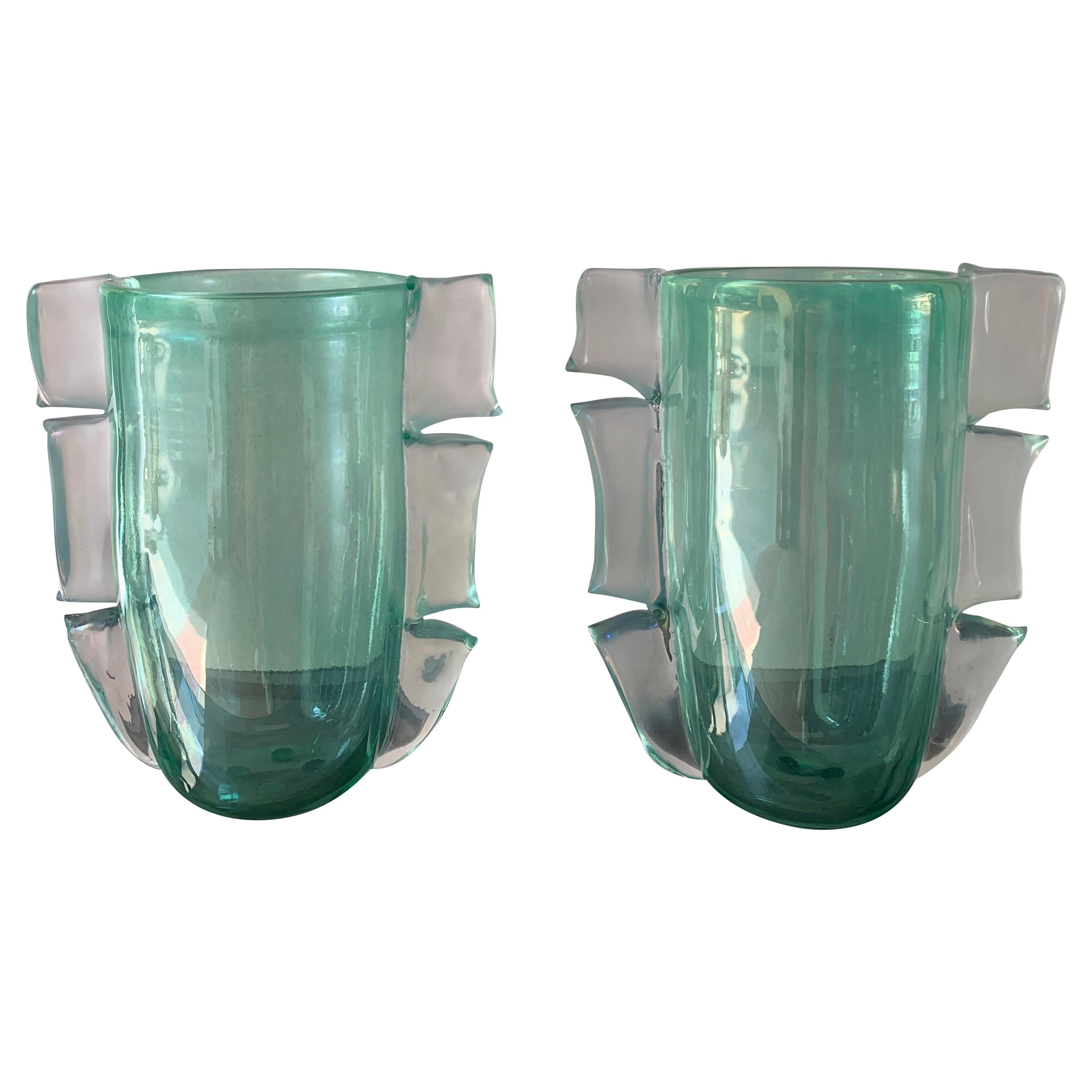 Pair of Green Costantini Murano Vases, 1990